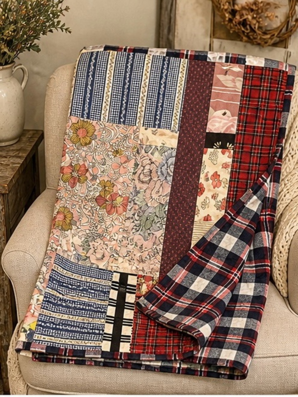 Vintage Patchwork Lap Quilt Flannel Backed 36.5 x 39 Cottagecore